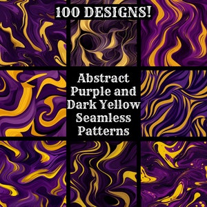 Puede incluir: Un conjunto de 100 patrones abstractos sin costuras en morado y amarillo oscuro. Los patrones están formados por líneas y formas sinuosas y fluidas.