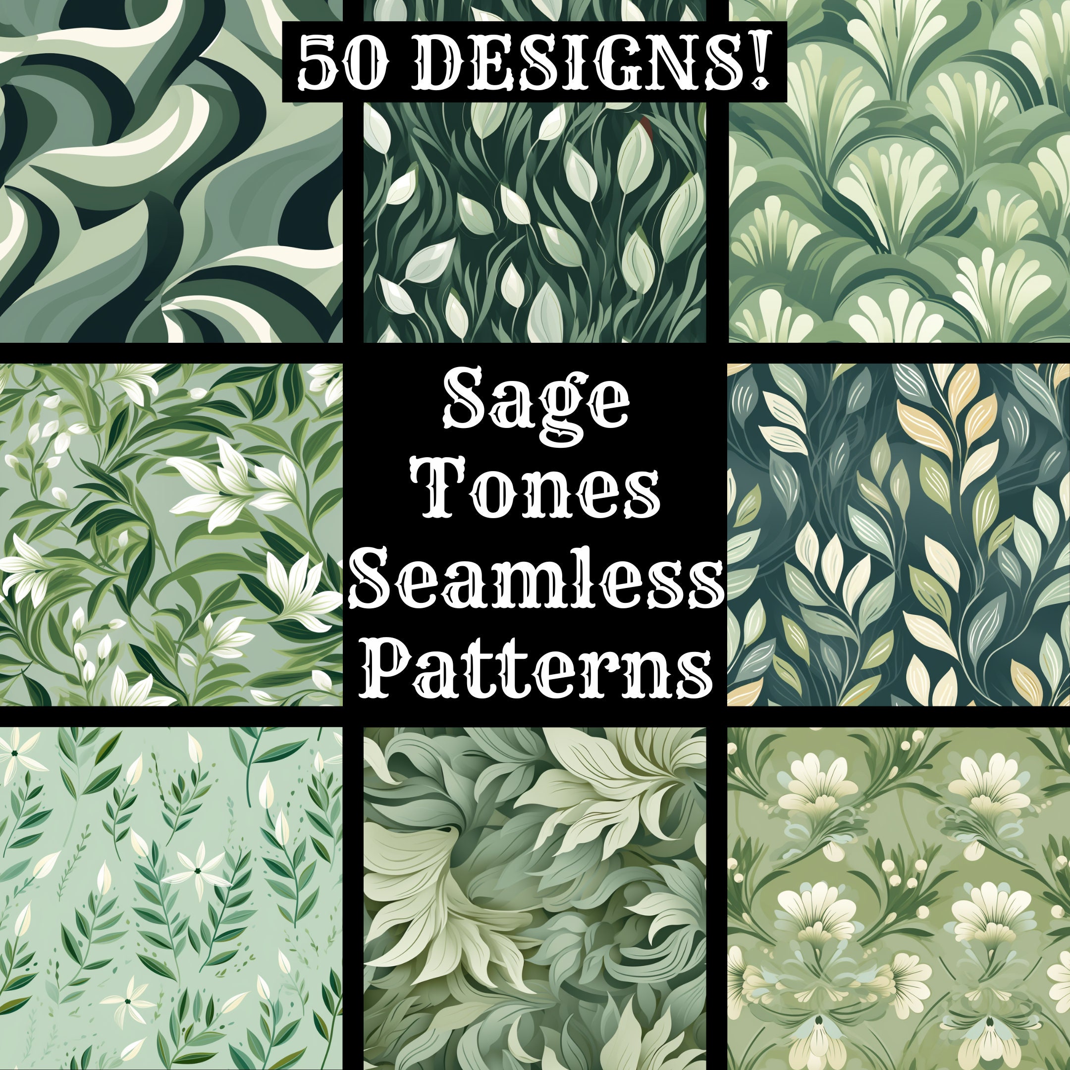 Sage Pattern Sample Sage Green Seamless Pattern: 50 Floral Digital Papers (PNG, 300 Dpi) - Etsy