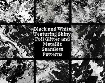 May include: 50 black and white seamless patterns featuring shiny foil glitter and metallic effects. These digital designs are perfect for adding a touch of sparkle to your projects.