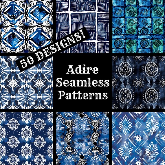 Adire Seamless Pattern Digital Paper: 50 PNG Textures (Digital Download)