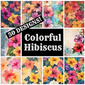 Colorful Hibiscus Journal Paper, Colorful Hibiscus Printable Paper, Vintage Journal Supplies, Journal Inserts