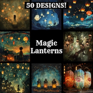 Puede incluir: Un collage de imágenes con linternas brillantes en varios entornos. Las imágenes representan un ambiente mágico y fantástico con un enfoque en las linternas. El texto "50 DESIGNS!" y "Magic Lanterns" es visible en el collage.