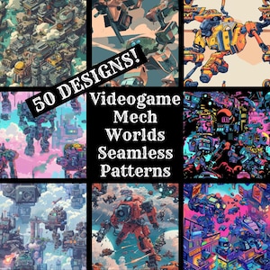 May include: A collage of 50 seamless patterns featuring video game mech worlds. The patterns are in various styles, including pixel art, cartoon, and realistic. The text "50 DESIGNS! Videogame Mech Worlds Seamless Patterns" is displayed in the center of the collage.