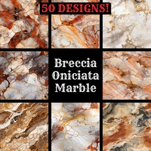 May include: A collage of nine images showcasing the intricate patterns and colors of Breccia Oniciata marble. The marble features a mix of white, gray, brown, and orange tones with a swirling, veined appearance.
