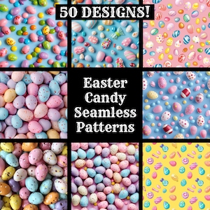 May include: A collage of nine different seamless patterns featuring pastel-colored Easter eggs and candy. The patterns are arranged in a 3x3 grid with the text "Easter Candy Seamless Patterns" in the center.