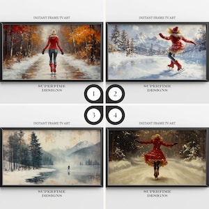 May include: Four framed winter landscape paintings with a woman ice skating in each. The paintings are in black frames and have the text "INSTANT FRAME TV ART" and "SUPERFIME DESIGNS" on them.