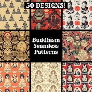Pode incluir: Uma coleção de 50 padrões sem costura com imagens de Buda. Os padrões são de várias cores, incluindo vermelho, azul, dourado e preto. O texto "Buddhism Seamless Patterns" é exibido no centro da imagem.