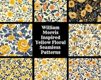 May include: A set of 50 William Morris inspired yellow floral seamless patterns. The patterns feature a variety of yellow flowers, leaves, and vines on a white background. The text "William Morris Inspired Yellow Floral Seamless Patterns" is displayed in the center of the image.