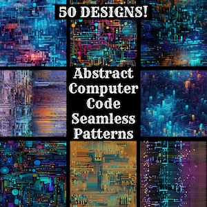 Könnte beinhalten: Eine Sammlung von 50 abstrakten, nahtlosen Mustern aus Computercode. Die Muster sind in verschiedenen Farben gehalten, darunter Blau, Grün, Orange und Lila. Die Muster bestehen aus Linien, Quadraten und Kreisen.