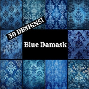 Blaues Damast Journal Papier, Blaues Damast Bedruckbares Papier, Vintage Blauer Damast, Blauer Damast Journal Zubehör, Journal Einsätze