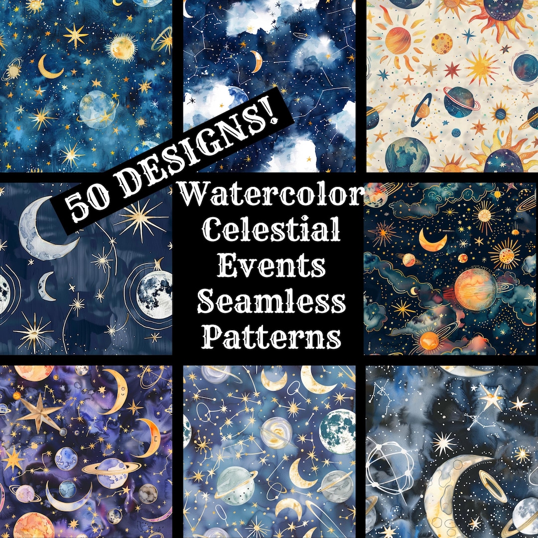 Watercolor Celestial Events Seamless Digital Paper, Printable Scrapbook ...