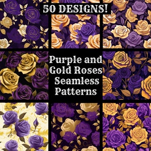 Purple and Gold Roses Seamless Digital Paper, Printable Scrapbook Paper Seamless Textures, Digital Instant Download Gold and Purple Roses