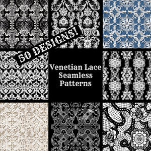 Puede incluir: Un collage de nueve imágenes en blanco y negro con intrincados patrones de encaje veneciano. El texto "50 DESIGNS!" y "Venetian Lace Seamless Patterns" se muestra en el centro del collage.