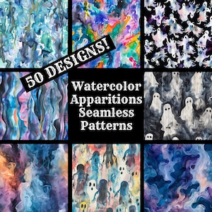 May include: A collection of watercolor seamless patterns with a spooky theme. The designs feature ghosts, abstract shapes, and colorful, flowing textures in shades of blue, purple, and black. The text "50 DESIGNS!" and "Watercolor Apparitions Seamless Patterns" are also visible.