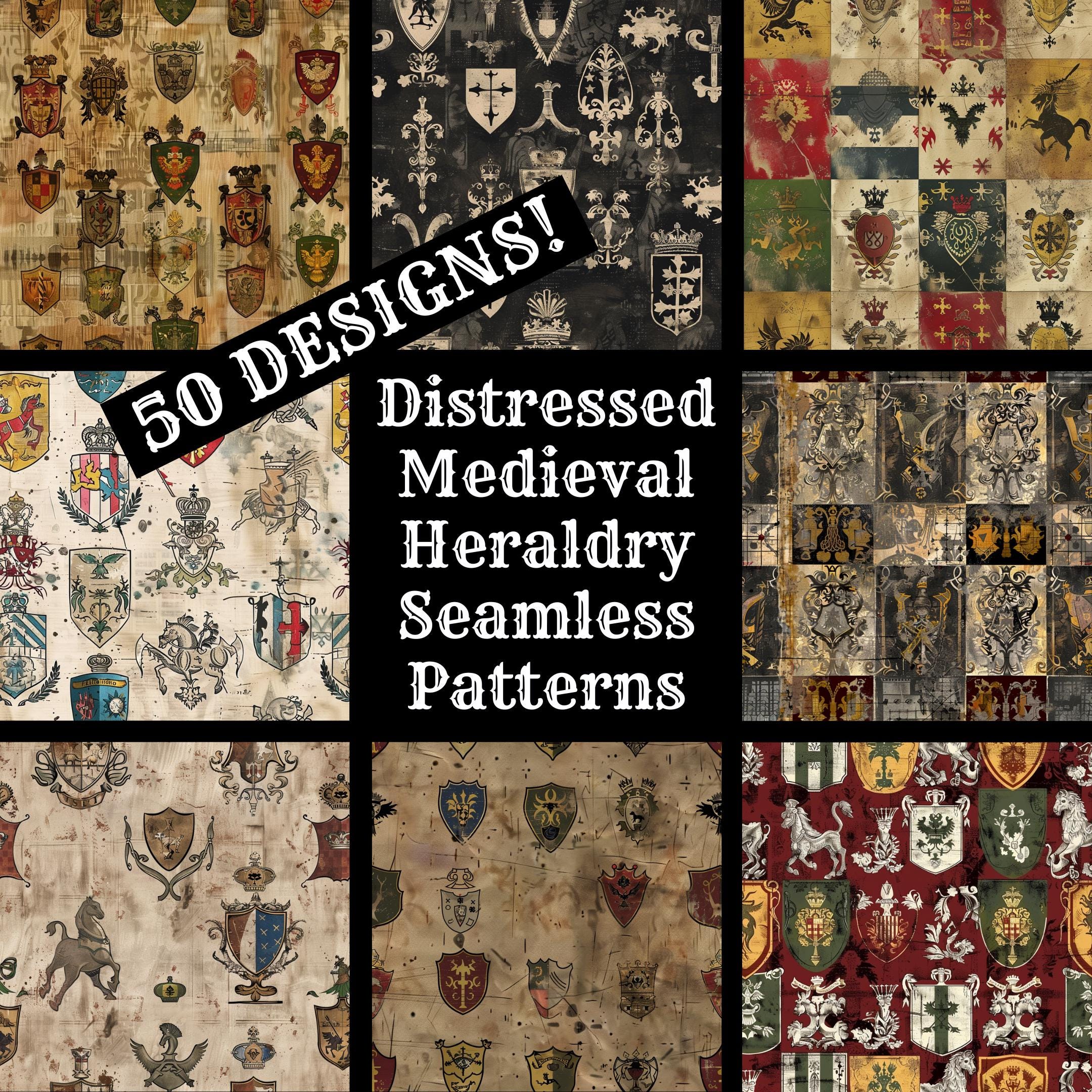 Heraldic Patterns Distressed Medieval Heraldry Seamless Pattern: 50 PNG Digital Papers ...