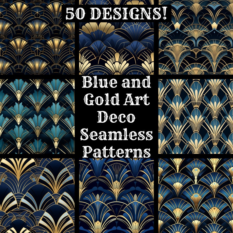 Blue and Gold Art Deco Seamless Digital Paper, Printable Scrapbook