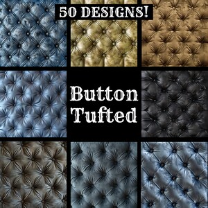 May include: A collage of nine different button tufted upholstery fabric samples in various colors and textures. The fabrics are arranged in a 3x3 grid. The text "50 DESIGNS!" and "Button Tufted" are displayed in the center of the image.