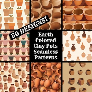 May include: 50 designs of seamless patterns featuring earth-toned clay pots in various shapes and sizes. The patterns are perfect for crafting, home decor, and more.