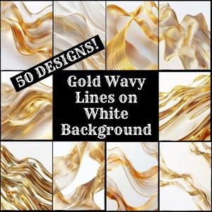 May include: 50 designs of gold wavy lines on a white background. The lines are abstract and flowing.