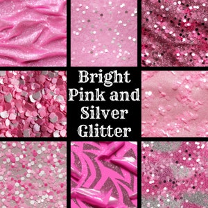 May include: A collage of images featuring bright pink and silver glitter. The images show different textures and patterns of glitter, including a smooth, silky surface, a sparkly, textured surface, and a scattered glitter pattern.