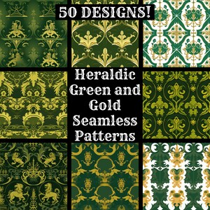 Heraldic Green and Gold Seamless Digital Paper, Printable Scrapbook ...