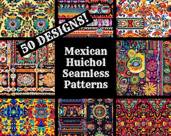 Mexican Huichol Seamless Patterns: Colorful Digital Paper (PNG)