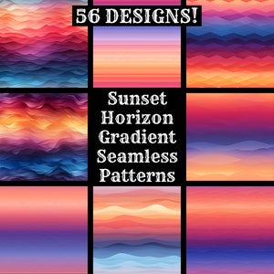 May include: 56 seamless sunset horizon gradient patterns in a variety of colours, including pink, orange, yellow, blue, and purple.