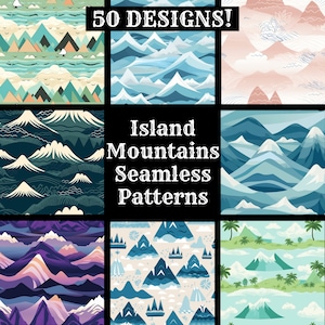 Puede incluir: Un conjunto de 9 patrones sin costuras que presentan coloridas montañas de islas con varios diseños. Los patrones incluyen montañas azules, verdes, rosas, moradas y blancas con nubes, palmeras y barcos. El texto "Island Mountains Seamless Patterns" se muestra en el centro de la imagen.
