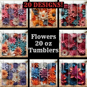 Blumen Tumbler Wrap Bundle 20er-Pack 20 Unzen Skinny Tumbler Sublimation Designs Gerader konischer Becher PNG, Instant Download Flower Tumbler