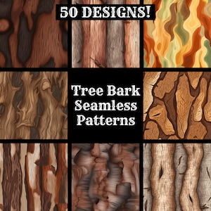 Puede incluir: Una colección de 50 patrones de corteza de árbol sin costuras. Los patrones están en varios tonos de marrón, naranja y verde. El texto "Tree Bark Seamless Patterns" se muestra en el centro de la imagen.