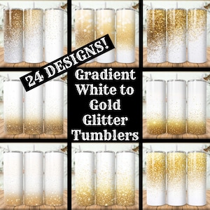 Gradiente Branco para Ouro GlitterTumbler 24 Pacote Pacote Gold Glitter 20 oz Skinny Tumbler Designs Sublimação Branco Glitter Tapered Tumbler PNG