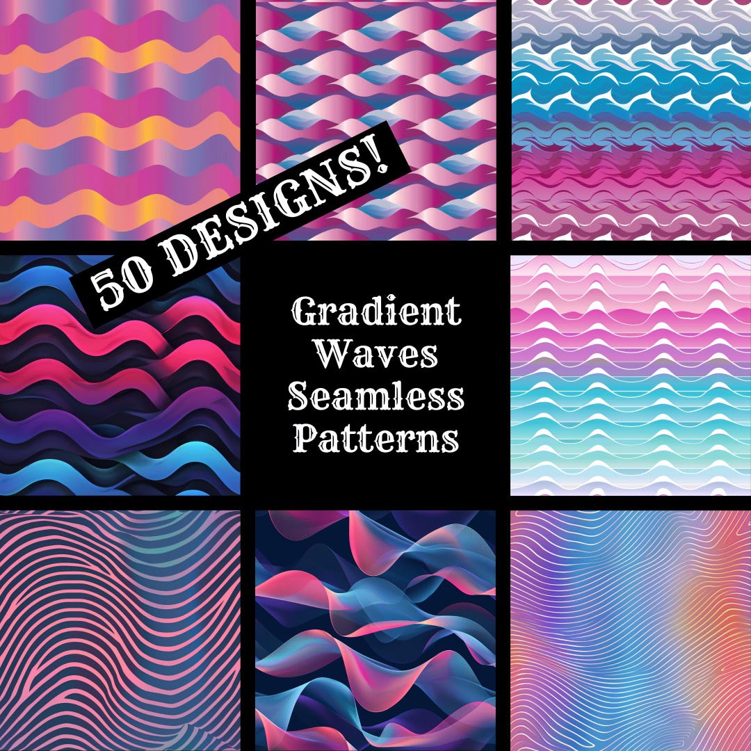 Gradient Waves Seamless Patterns: 50 PNG Digital Papers (digital ...