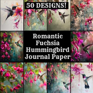 Romantic Fuchsia Hummingbird Journal Paper, Romantic Fuchsia Hummingbird Printable Paper, Vintage Bird Journal Supplies, Journal Inserts