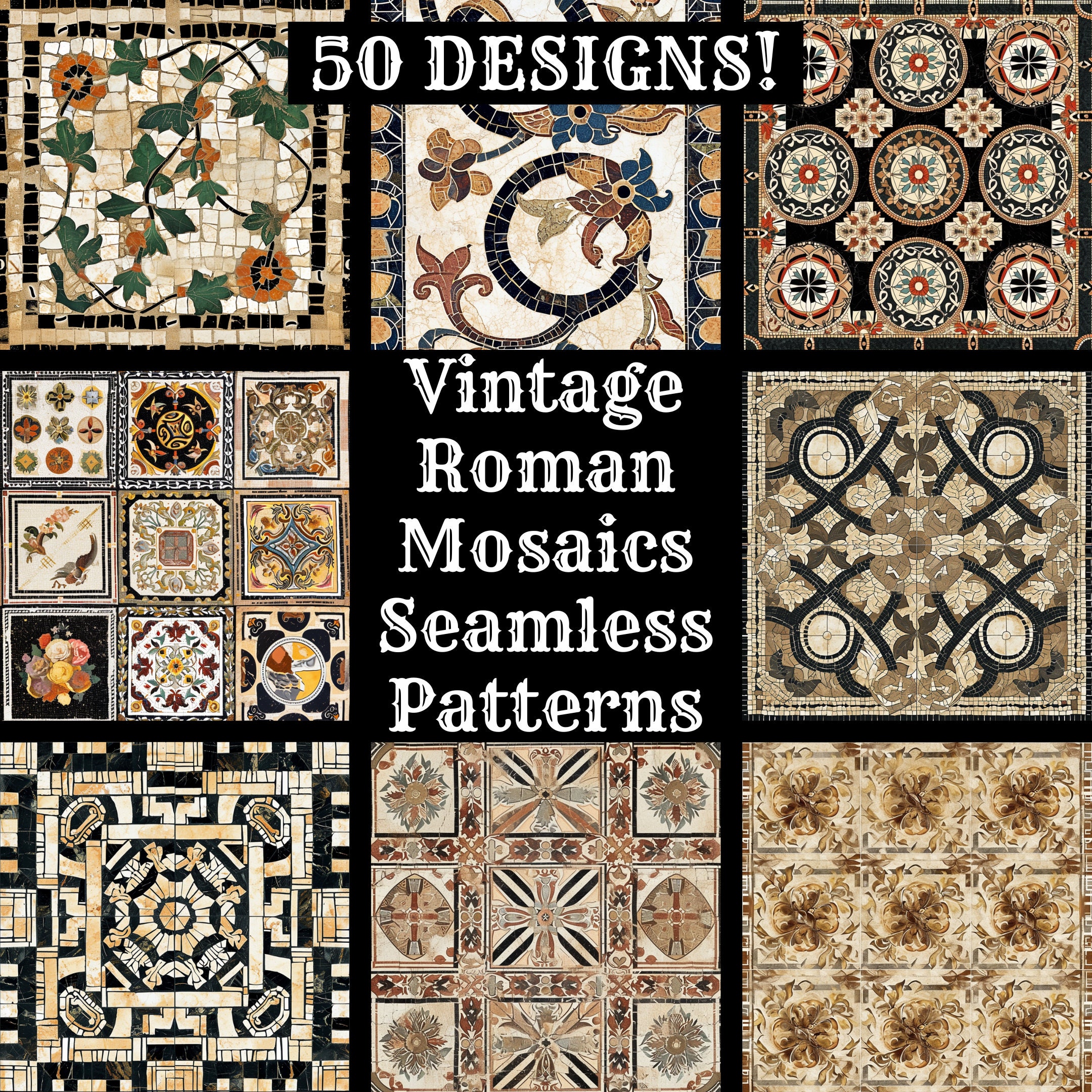 Vintage römische Mosaik Muster: 50 digitale PNG Papiere (digitaler
