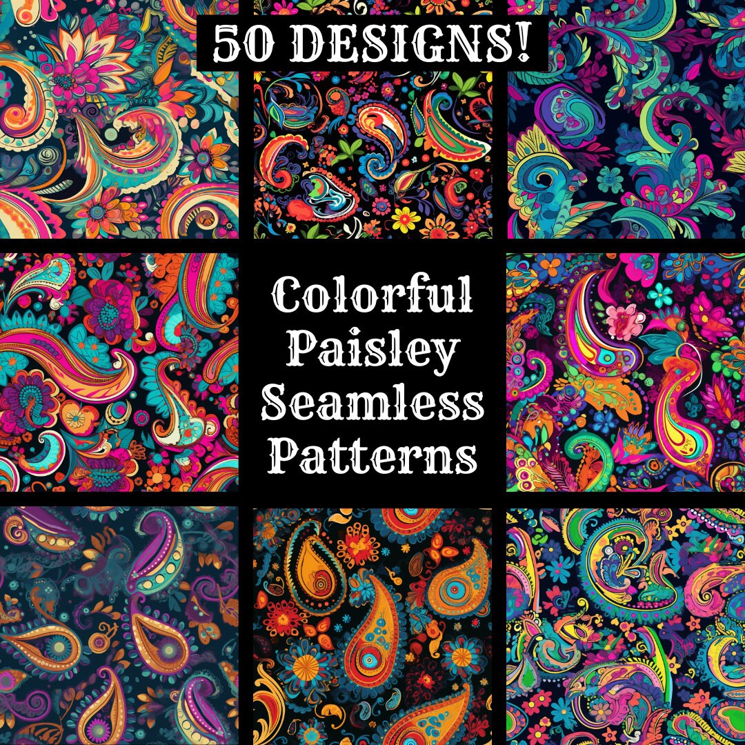 Colorful Paisley Seamless Patterns: 50 PNG Digital Papers (digital ...