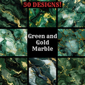 May include: 50 digital designs featuring green and gold marble patterns. The designs are perfect for creating backgrounds, textures, and patterns for crafts, home decor, and more.