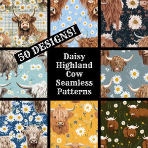 Daisy Highland Kuh nahtlose digitales Papier, druckbare Scrapbook Papier nahtlose Texturen, digitale Sofort Download