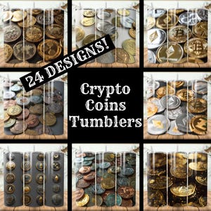 Könnte beinhalten: 24 Designs von Bechern mit verschiedenen Kryptowährungen. Die Becher sind silberfarben und zeigen eine Vielzahl von Kryptowährungen, darunter Bitcoin, Ethereum und Litecoin. Der Text "Crypto Coins Tumblers" wird in der Mitte des Bildes angezeigt.