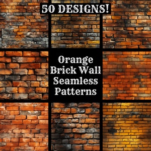 Könnte beinhalten: Eine Collage aus 50 nahtlosen Mustern aus orangefarbenen Backsteinwänden. Die Muster zeigen verschiedene Farbtöne von orangefarbenen, braunen und grauen Ziegeln und schaffen so eine Vielzahl von Texturen und Stilen.