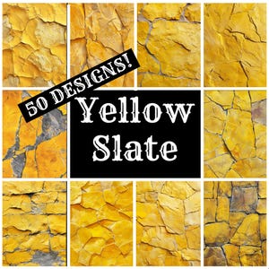May include: A collage of nine images showing different textures of yellow slate. The images are arranged in a 3x3 grid. The text "50 DESIGNS! Yellow Slate" is superimposed over the images.