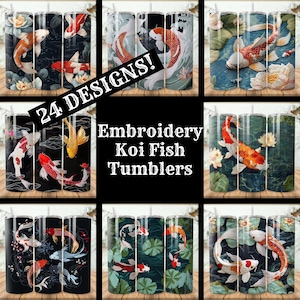 Embroidery Koi Fish Tumbler Wrap Bundle 24 Pack 20 oz Skinny Tumbler Sublimation Designs Straight Tapered Tumbler PNG, Instant Download