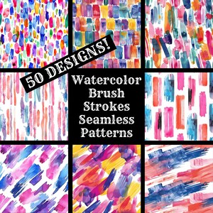 Könnte beinhalten: Ein Set mit 50 nahtlosen Mustern aus Aquarell-Pinselstrichen. Die Muster sind in verschiedenen Farben gehalten, darunter Rosa, Blau, Gelb und Orange. Die Muster eignen sich perfekt für den Einsatz in digitalen und Druckprojekten.