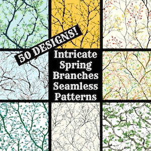 May include: A collection of 50 intricate spring branch seamless patterns. The patterns feature various colours and styles, including green, blue, yellow, and red.