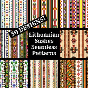 May include: 50 designs of Lithuanian sashes, featuring colorful, geometric patterns. The designs are seamless and can be used for various crafting projects.