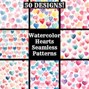 May include: 50 watercolor heart seamless patterns in various shades of pink, blue, purple, and yellow. The patterns are perfect for creating backgrounds, wrapping paper, or fabric designs.