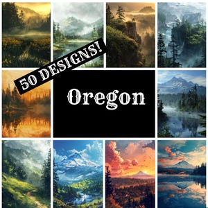May include: A collage of 10 scenic images of Oregon landscapes, featuring mountains, lakes, forests, and rivers. The text "50 DESIGNS! Oregon" is superimposed on the images.