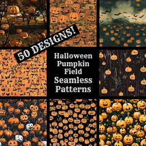 May include: A collage of 50 Halloween pumpkin field seamless patterns. The patterns feature orange pumpkins with jack-o-lantern faces on a variety of backgrounds, including black, dark green, and brown.