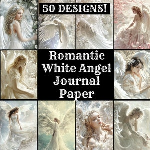 Papel de diario de ángel blanco romántico, papel imprimible de ángel blanco romántico, suministros de diario de ángel blanco romántico vintage, inserciones de diario