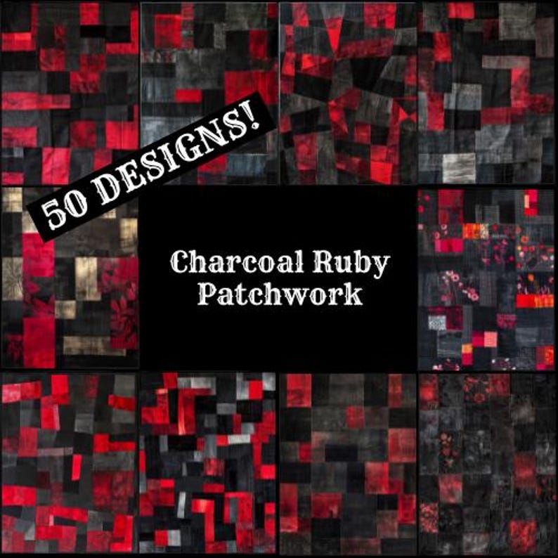 a black and red patchwork background with the words 50 designs
