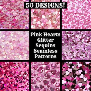 Puede incluir: 50 patrones sin costuras con lentejuelas de corazón de purpurina rosa. Los patrones son perfectos para manualidades, scrapbooking y otros proyectos creativos.